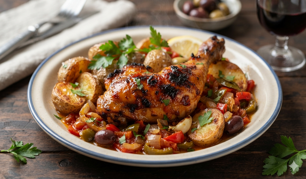 Patita de Pollo a la Portugueza acompañada de papas al natural