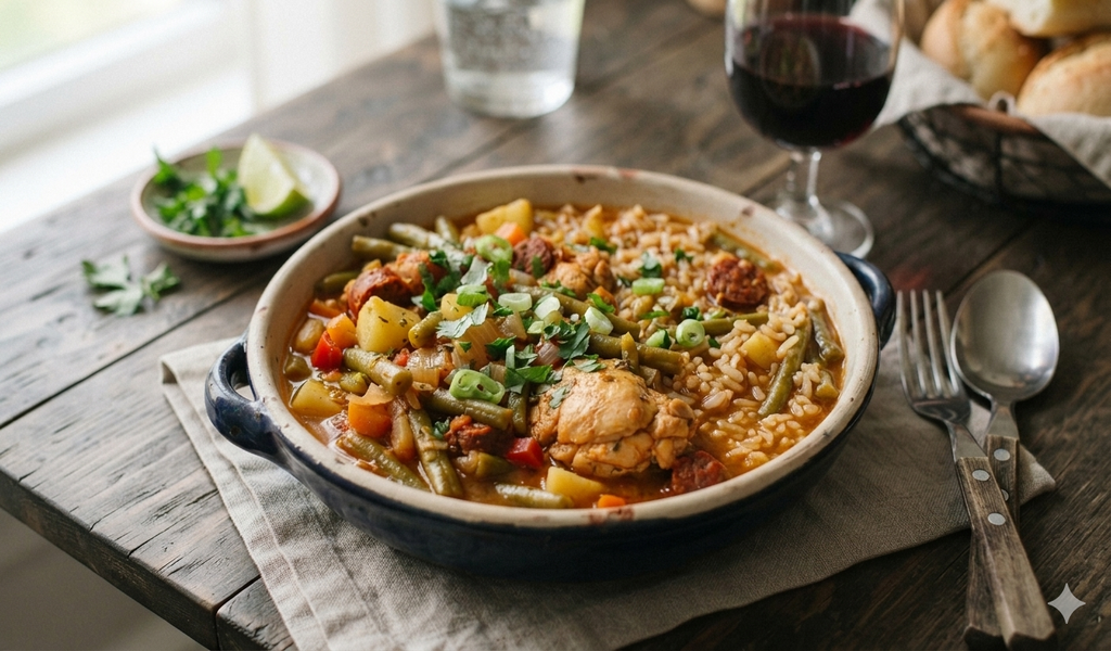 Guiso de chauchas con arroz y pollo